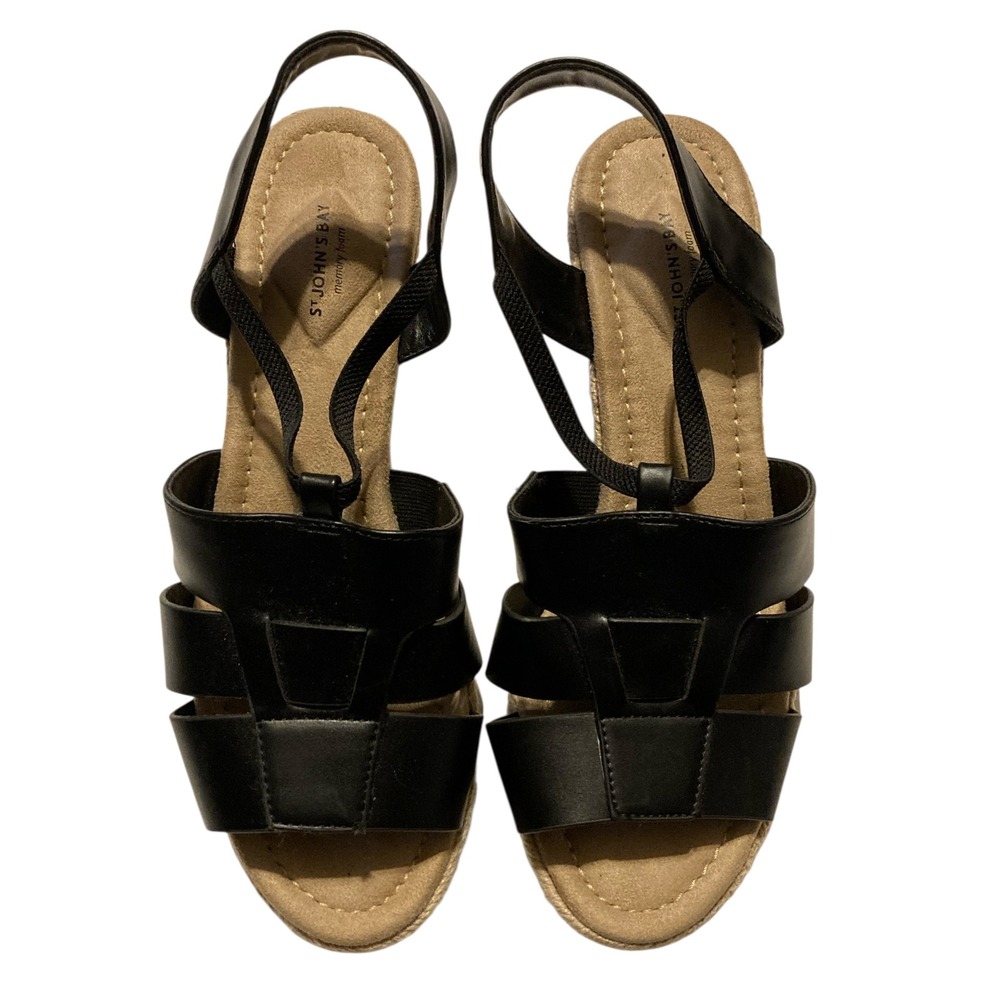 St. John's Bay Lucy Black Espadrille Wedge Sandals Memory Foam Womens 8M